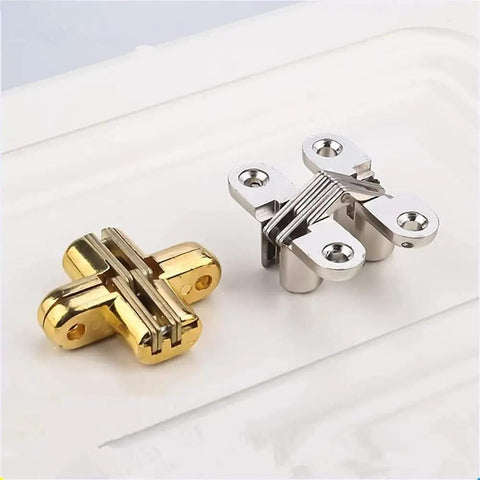 Hidden Hinges 8x42mm Concealed Cross Door Hinge For Cabinets, Furniture, Wood And Metal Doors, 180 Degree Folding Door Or Window, With Screws, Durable Alloy Construction, gold and silver finishes, side view.