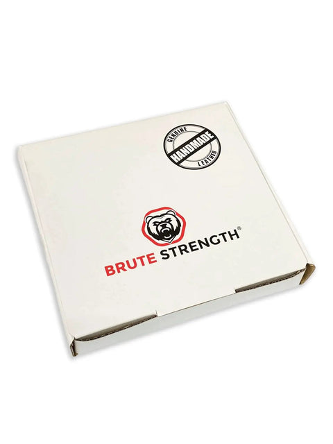 White packaging box for braided leather drawer pulls set, featuring Brute Strength logo and handmade label