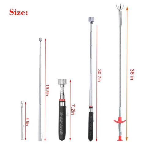3 Pack Extendable Magnetic Telescoping Pick Up Tools Set With Flexible 36 Inch Grabber Claw And Four Claws For Quick Retrieval Of Metal Parts Long Reach Bendable Curve Grabber Tool Kit Perfect For Auto Shop And Home Garage Repairs shown fully extended, highlighting varying lengths and grabber claw design.