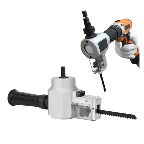 Beast Double Head Sheet Nibbler Set for Wood and Metal Cutting attached to an electric drill, shown with hands for scale.