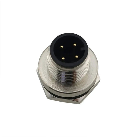 Top view of a single 2 Pack M12 4 Pin Male Aviation Panel Mount Connector Waterproof Back Mount Socket with nickel-plated threads