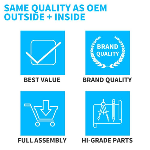 Infographic with icons representing best value, brand quality, full assembly, and high-grade parts for OEM standard products.