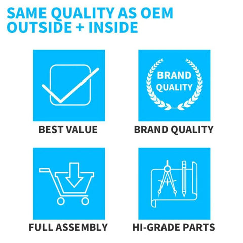 Quality assurance graphics highlighting best value, brand quality, full assembly, and high-grade parts for wheel hub set