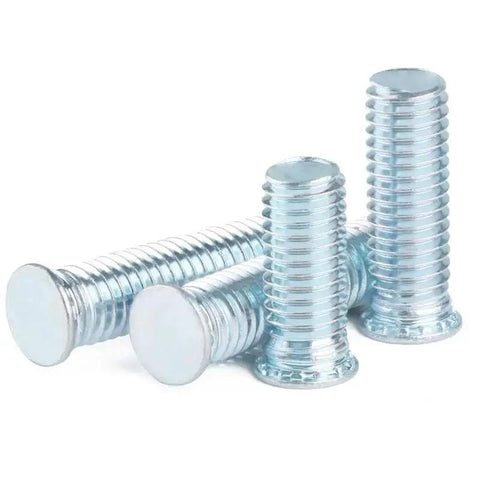 Galvanized Steel Flat Head Self Clinching Threaded Stud Bolts 8-32 x 1/2 Inch shown in side and angled view