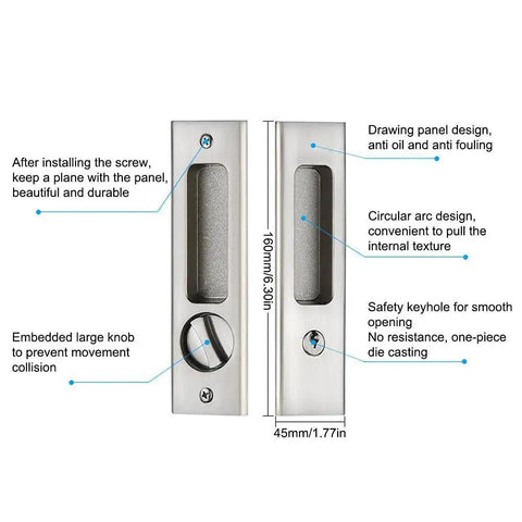 6.3 Inch Silver Invisible Recessed Handle Latch With Keys For Interior Pocket Door Lock And Sliding Barn Door Lock Zinc Alloy Electroplated Brushed Nickel Finish Anti Corrosion Dust And Oil Resistant Chamfered Edge Left Or Right US Standard Doors, diagram showing dimensions and features