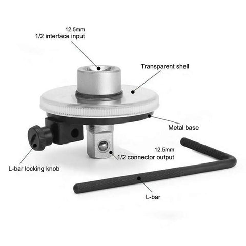 Half Inch Torque Wrench Angle Gauge Tool 360 Degree Adjustable Drive Torque Meter Wrench Set For Professionals Gearheads Pro Mechanics Great Fathers Day Gift, showing 1/2 in drive inputs and metal base with L-bar