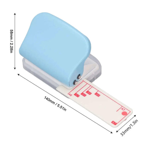 Blue 3 Hole Paper Punch Handheld Hole Puncher for A4 A5 A6 A7 B5 with 5 Sheets Capacity, plastic cover, metal body side view