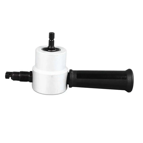 Dual Head Sheet Metal Cutter With 360 Degree Nibbler Attachment For Drill Pros, shown with black handle and metal shank