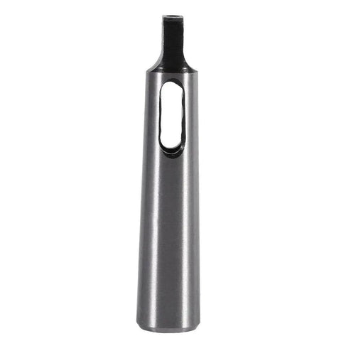 Front view of MT1–MT2 Morse taper reducing drill sleeve; steel body with black taper.