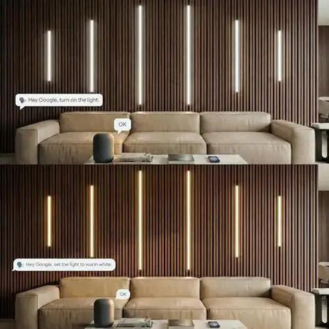 Recessed LED Light Bar Kit With CCT 2700K To 6500K in wood slat wall panels, showing app and voice control with a modern couch setup