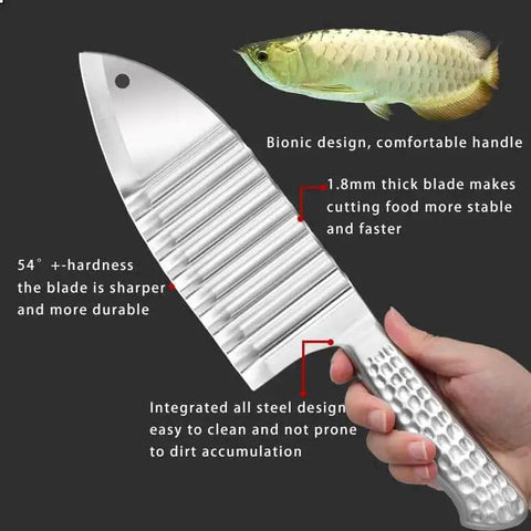 Hand holding stainless steel knife with bionic handle and ridged blade, showing durability and ergonomic design for efficient cutting.