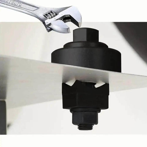 Wrench driving 30mm Sheet Metal Punch Tool with Hexagon Hole Cutter through metal sheet for burr-free holes and steel plate fabrication.