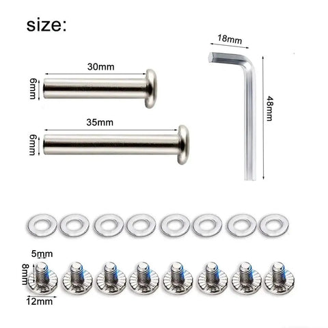 Hardware components for 50mm Luggage Replacement Wheels Set Of 4 For Suitcases, including 30mm and 35mm axles, screws, washers, and Allen key