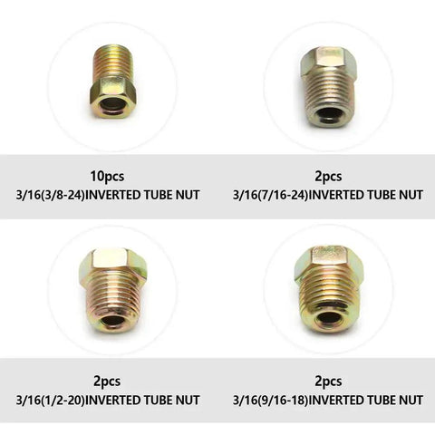 Brass inverted tube nuts for 3/16 brake line; 16-piece assortment in sizes 3/8-24, 7/16-24, 1/2-20, 9/16-18.