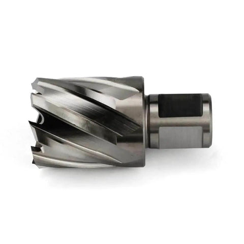 One And One Quarter Inch Annular Cutter For Magnetic Drill Press With Three Quarter Inch Weldon Shank Two Flats And Pilot Pin Cutting Diameter One And Quarter Inch Depth Of Cut One Inch Delivers Up To Ten Times Faster Holes In Steel OSCARBIDE, side view showing cutting edges and shank