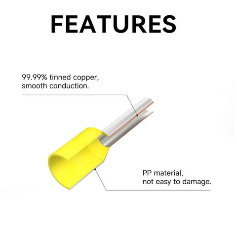 Diagram showing the features of 1000 Pieces Red Insulated Wire Ferrule Connectors For AWG 18 1.0mm2 Copper Barrel Pins With Nylon Sleeve.