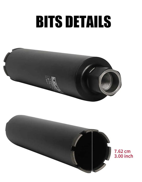 Beastly 3 Inch Wet Diamond Core Drill Bit For Reinforced Concrete And Masonry One And A Quarter Inch Thread 14 Inch Drilling Depth Fast Cutting With Upgraded Teeth And Low Noise Great For Concrete Block And Hard Masonry TEHify, side and angled view showing bit thread and teeth details