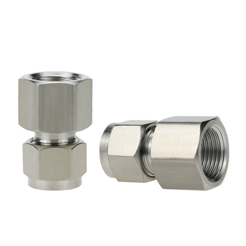 Pair of stainless steel 304 straight compression fittings for 3/8 in. O.D. tubing to 3/8 in. NPT female threads