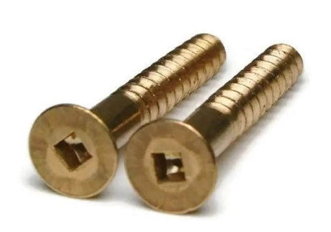 Close-up of two silver 14-10 Wood Screws Square Drive Flat Head With Smooth Shoulder Partially Threaded Slotted Drive showing square head detail.