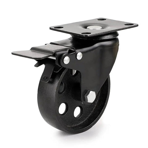 Heavy Duty 4 Inch Cast Iron Swivel Plate Caster with Dual Locking Brakes for Tables and Carts, 2000 Lb Total Capacity, side view