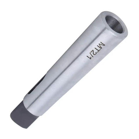 Angled side view of silver Morse taper reducing sleeve MT2 to MT1, precision drill adapter.