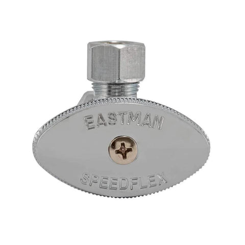 Front view of Multi-Turn Angled Stop Valve Three-Eighths Inch OD To Five-Eighths Inch OD Compression Brass Chrome Plumbing Fitting For Home Fixtures With Leakproof Teflon Seals Eastman.