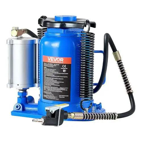 Air Hydraulic Bottle Jack 32 Ton Floor Jack With Manual Pump And Pneumatic Lift in blue with coils and hoses