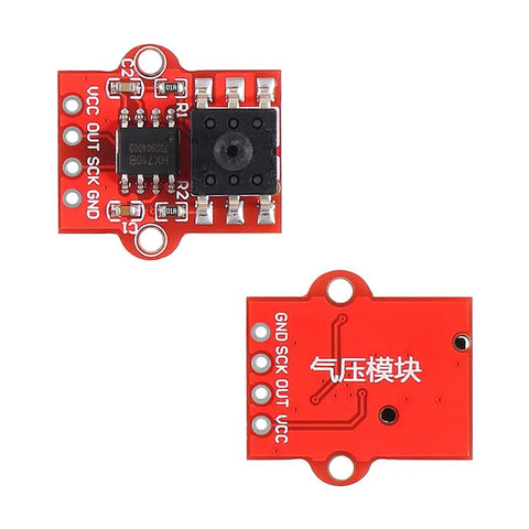 HiLetgo barometric pressure sensor module, red PCB, 0-40KPa, GND SCK OUT VCC pins, two views.