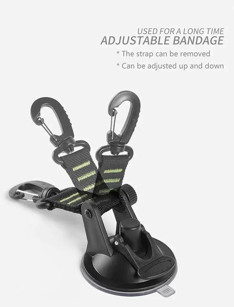 Heavy Duty Suction Cup Anchors With Securing Hook 4 Pack, showing black and green adjustable strap with hooks, ABS and PVC material.