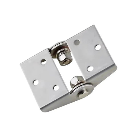 Close-up of silver 304 stainless steel torque-damping hinge for cabinet doors