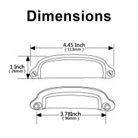 Diagram of dimensions for 10 Pack Bin Cup Pulls Vintage Shell Handle Cabinet Hardware In Champagne Gold Finish, showing measurements.