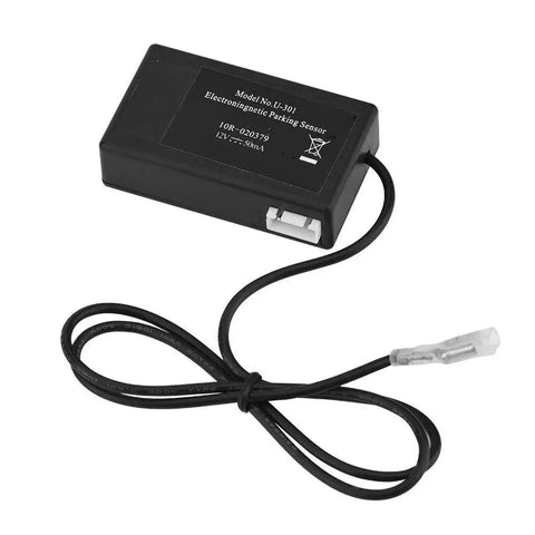 Universal car parking sensor kit module with black plastic case and attached wiring harness.
