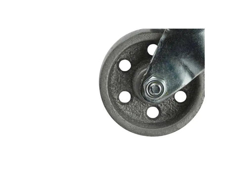 Close-up of a 2 Inch Cast Iron Swivel Plate Caster With Silver Wheel And Heavy Duty Ball Bearing Mount 125 Lb Load Capacity Per Caster Industrial Top Plate Size Two By Two And One Half Inches Two And One Half Inch Clearance Height Designed For Long Wear Life.