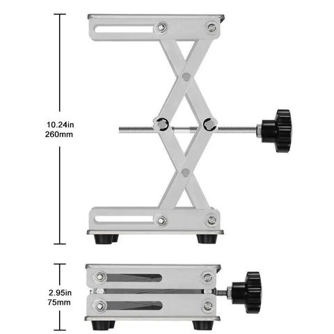 Side view of 6x6 Lab Scissors Jack Stainless Steel Lift Platform 75-260 mm Adjustable Height with measurement indicators