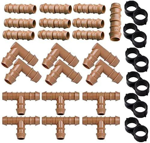 Arfun 28P drip irrigation fittings kit for 1/2 in tubing; brown barbed connectors with 10 couplings, 6 tees, 6 elbows