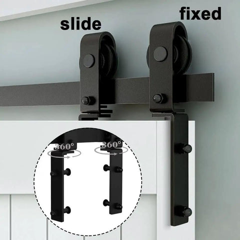 Close-up of Heavy Duty Bi Folding Barn Door Hardware Kit For Double Doors, Smooth And Quiet Sliding Track System In Matte Black.