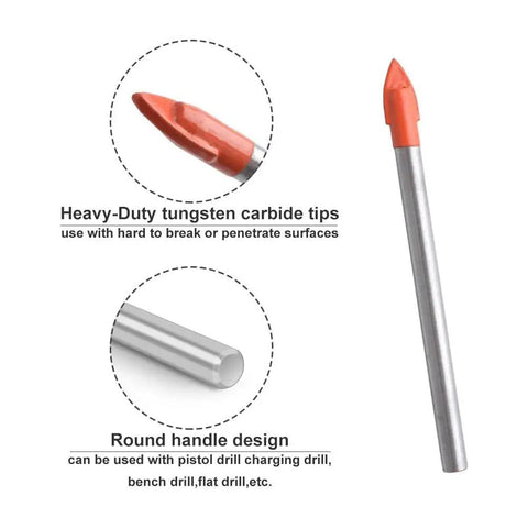 Close-up of a 6mm spear-point tip drill bit, part of the Versatile 10 Piece Drill Bit Set For Glass Tile Concrete Brick Wood Plastic Six Millimeter Cemented Carbide Masonry Bits With Alloy Steel Construction Heavy Duty All Around Drill Bits By Gunpla, with a red tungsten carbide tip and round handle.