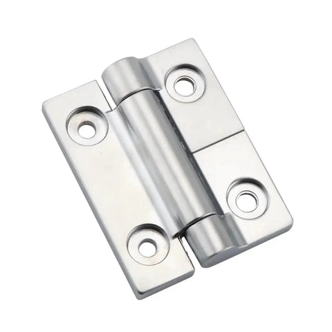 Close-up of zinc alloy damping torque hinge for industrial doors, chrome finish