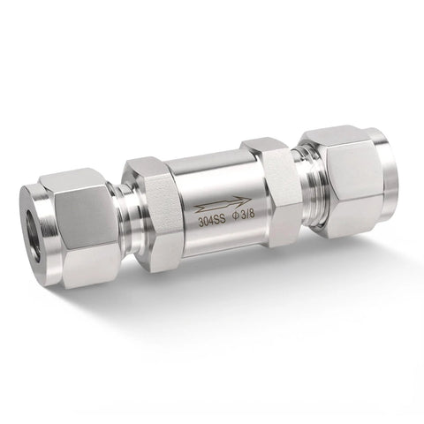 Compression check valve, 304 stainless steel, 3/8 in OD, one-way backflow preventer.