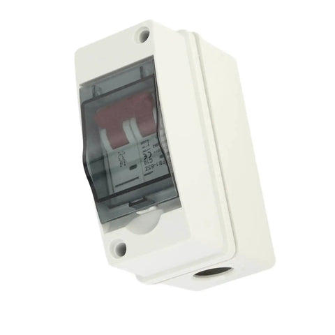 DC Solar Panel Breaker 16A 500V Outdoor Disconnect Switch IP65 Rated DIN Rail Enclosure in white plastic case