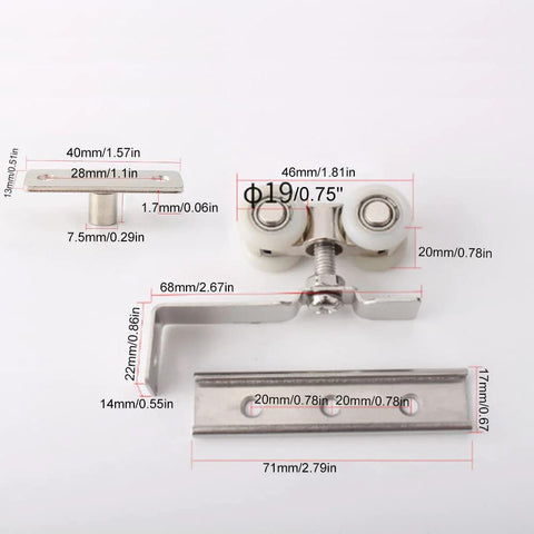 Heavy Duty 2 Piece 4 Wheel Metal Sliding Track Wheel Set With Hanger And Ball Bearing Pulleys, zinc alloy and nylon
