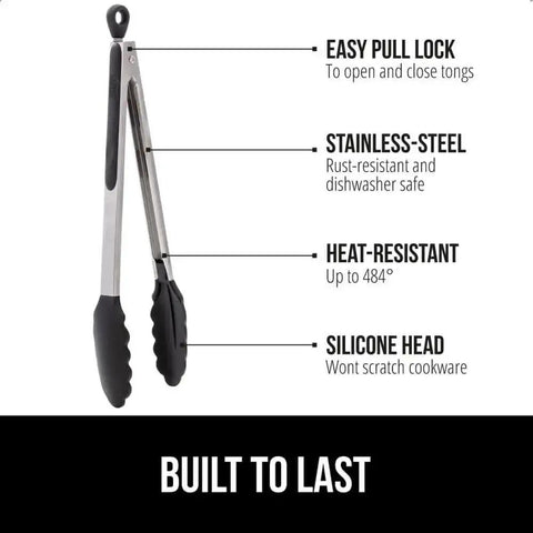 Side view of black Heavy Duty Stainless Steel Kitchen Tongs Set Of 2 with heat resistant silicone tips and easy pull lock.