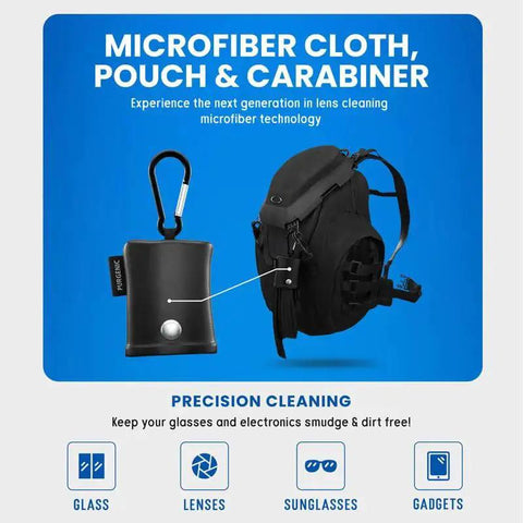 Close-up of microfiber pouch with carabiner attached to a backpack, showcasing Six Pack Microfiber Glasses Cloths With Pouches For Lenses And Delicate Screens.
