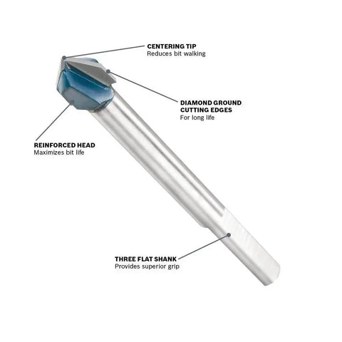 Detailed close-up of a drill bit from Glass And Tile Drill Bit Set 8 Piece With Carbide Tips And Reinforced Head For Long Life Built To Last Precision Ground Tip Stops Wandering Flat Shank For Superior Grip Ideal For Ceramic And Hard Materials Model GT3000.