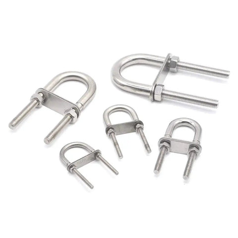 304 Stainless Steel U Bolt Set M5x78mm for marine boat deck hardware, four-piece pack, shown in varying angles and sizes.