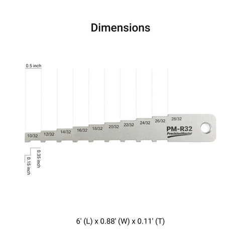 32nds Brake Pad Thickness Gauge 2-In-1 Technician Gauge dimensions and laser-engraved scale for precise brake inspection.