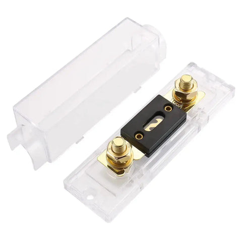 100 Amp ANL Fuse Holder Kit With Fuse And Gold Plated Terminals For Car Audio And Amplifiers 12V And 24V DC Systems Compatible With 0 2 4 AWG Wires Heavy Duty High Current Protection Durable Heat Resistant Construction showing gold terminals and clear cover