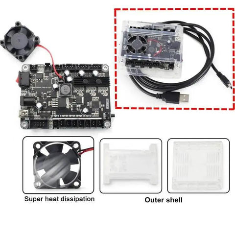 3 Axis Desktop CNC Router Kit For Wood PCB PVC Milling And Engraving With Offline Controller No Computer Needed GRBL Control USB Interface Mini DIY Engraver Machine For Beginners components including circuit board, fan, and USB cable displayed