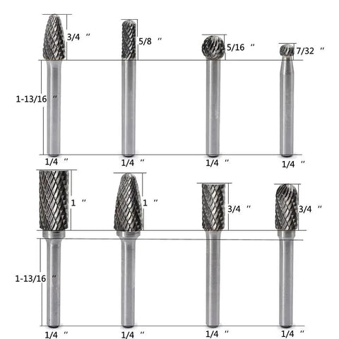 Versatile 8-Piece Carbide Burr Set For Die Grinder With One Quarter Inch Shank Double Cut Bits For Woodworking Carving Engraving