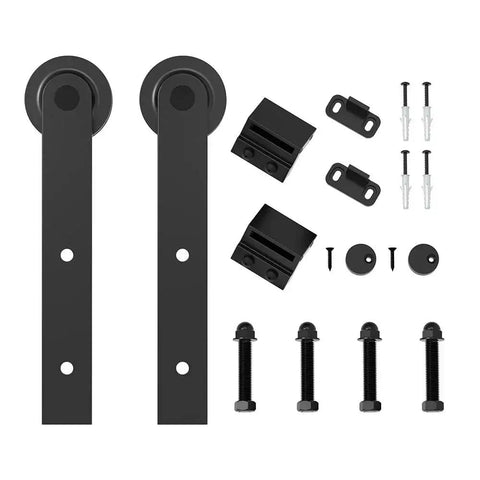 Heavy Duty Sliding Barn Door Roller Hanger With Anti Jumper Stopper Floor Guide And Accessories, carbon steel, black finish.